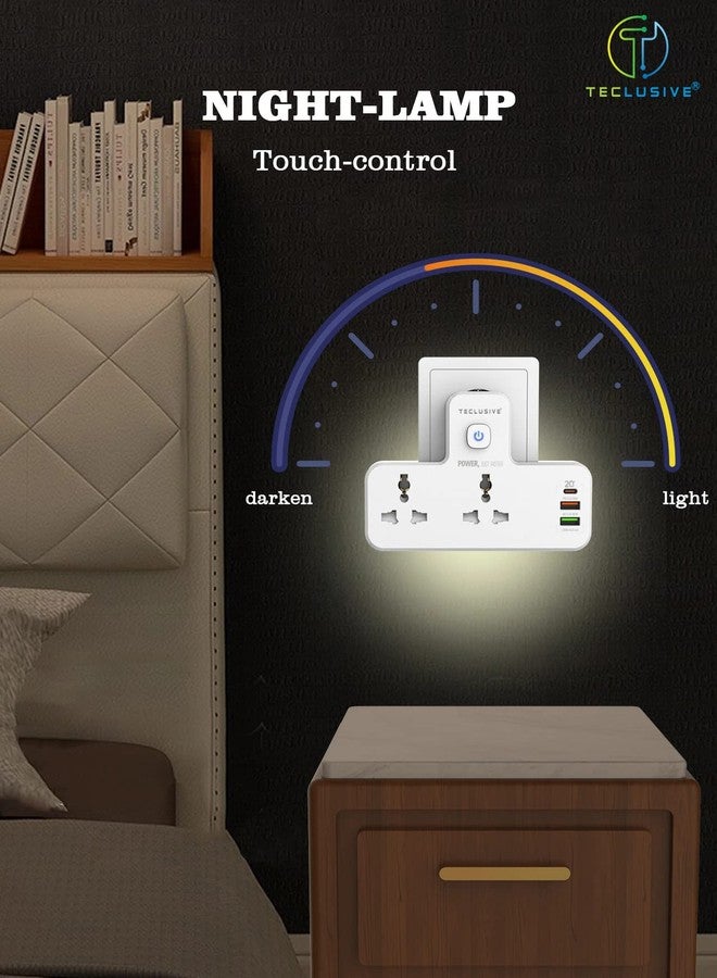 T Teclusive 2500W 10A Extension Power Strip with USB Ports | 2 Power Socket with 20W Type C USB PD QC 3.0 Fast Charging | Multi Port Extension with Touch Night Lamp - Image 2
